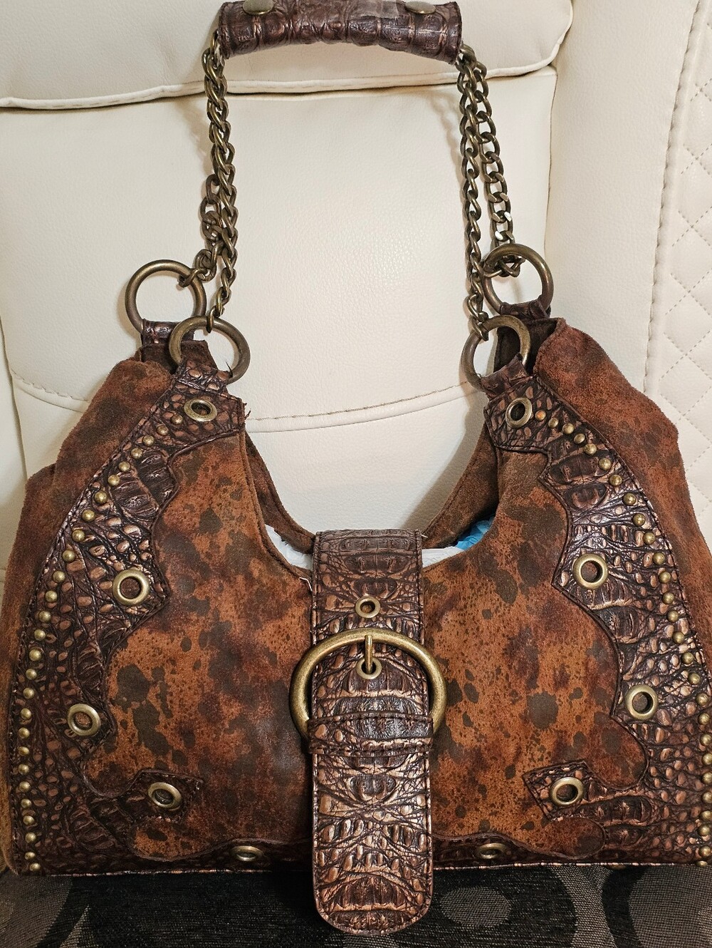 Way West Rust Brown Distressed Hobo Bag with Antique Brass Accents